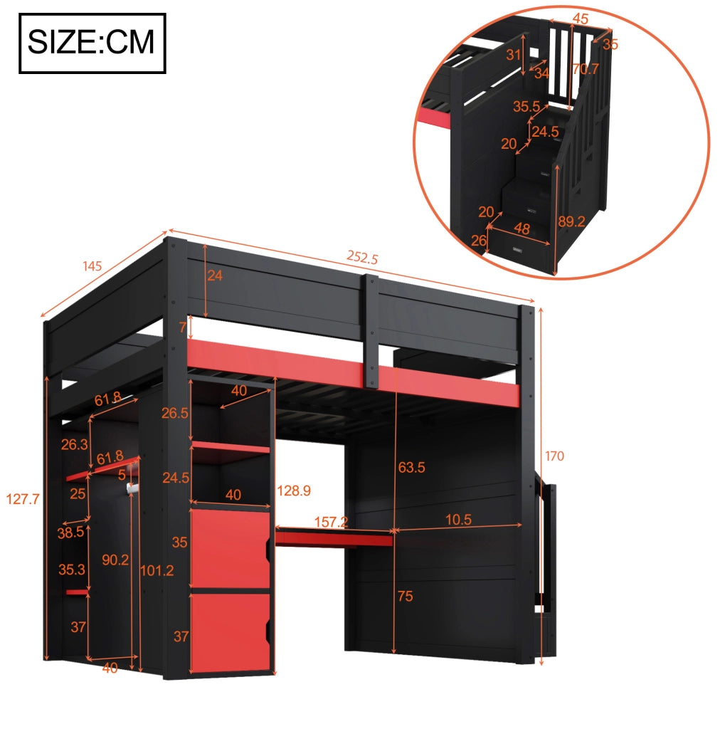 Letto a soppalco 140x200 cm con scrivania, LED e USB in MDF e compensato nero e rosso