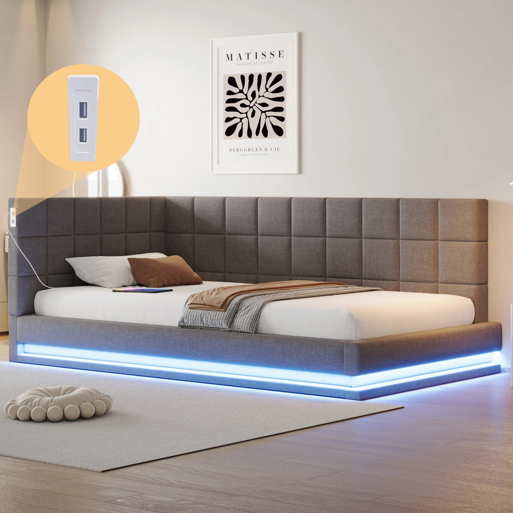 Divano letto 90 x 200 cm con LED multicolore via smartphone e USB, letto multifunzione in lino grigio con rete a doghe