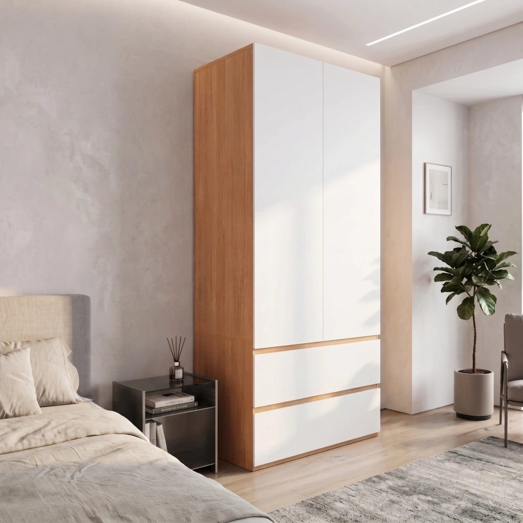 Armadio guardaroba con 2 ante, 2 cassetti, 1 barra appendiabiti, 90x50x200 cm, bianco con finiture rovere