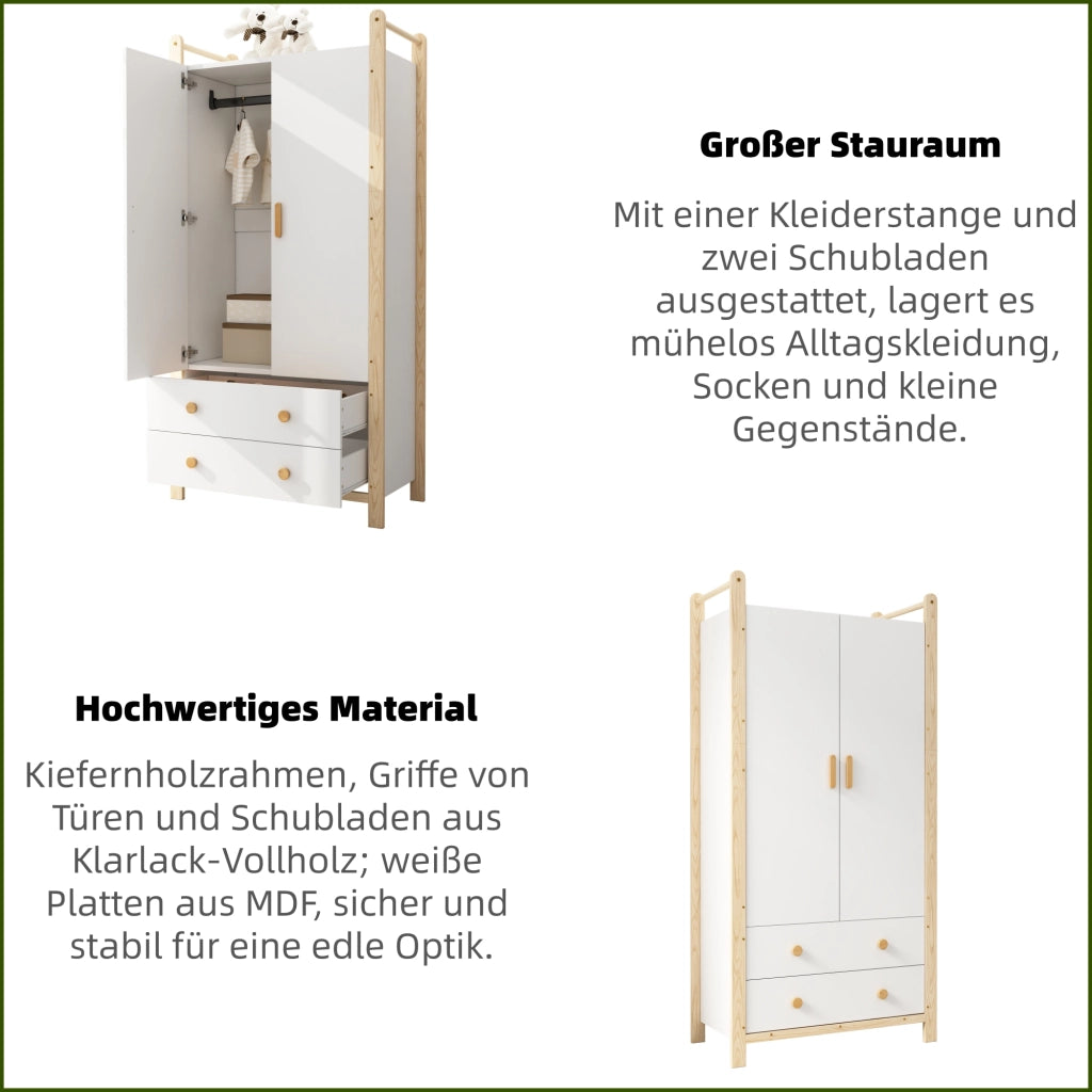 Armadio a 2 ante con appendiabiti e 2 cassetti per camera da letto bianco e legno 90 × 45 × 180 cm