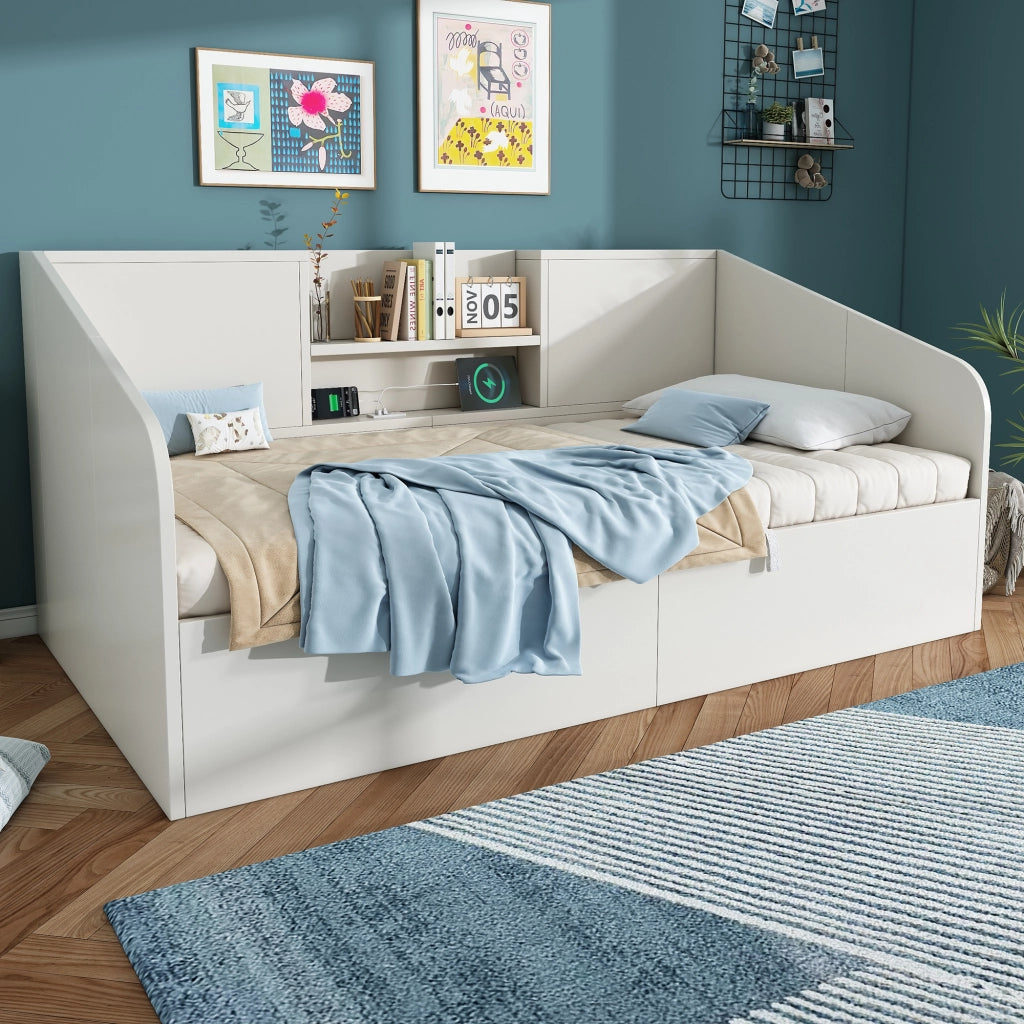 Letto divano singolo 90 × 200 cm con contenitore idraulico; 2 mensole; 3 USB e Type-C; senza materasso; bianco