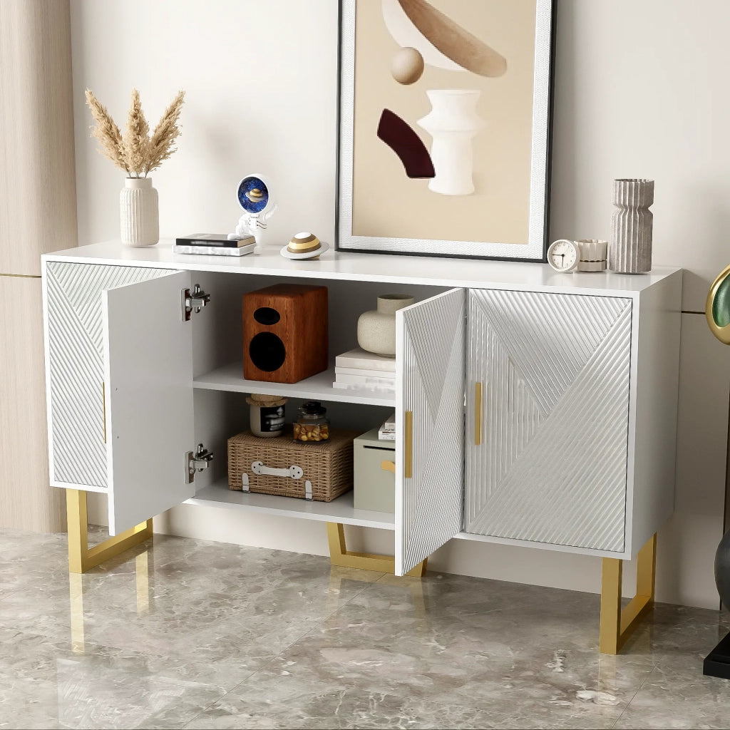 Maderna moderna bianca 150 cm, 4 ante con maniglie dorate, ante strutturate lucide, ripiani regolabili in altezza