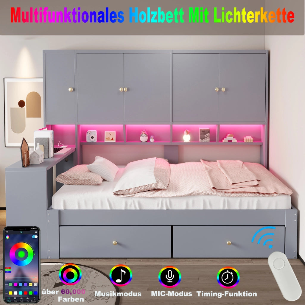 Letto con cassetti 90 × 200 cm con scrivania integrata armadi ripiani LED prese elettriche in MDF grigio