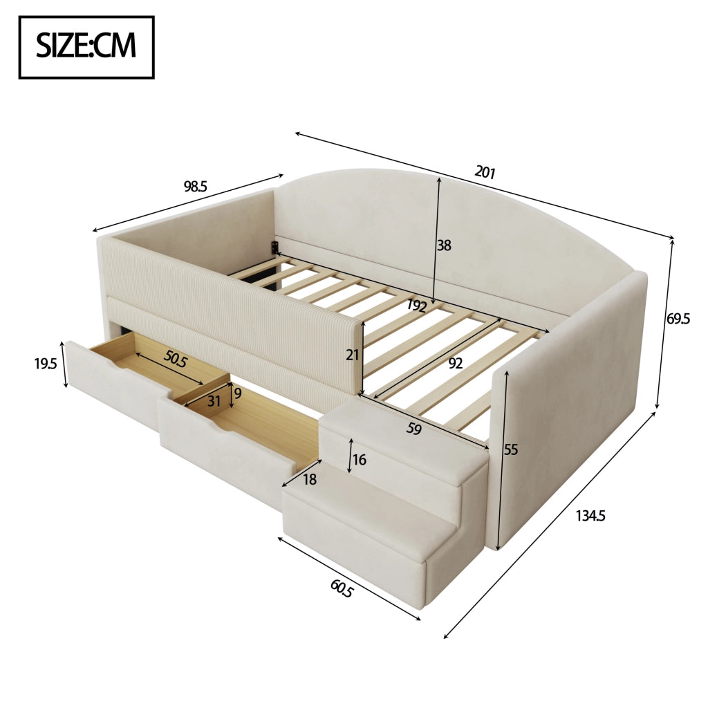Letto per bambini imbottito 90 × 190 cm in velluto beige con due cassetti sponde gradini antiscivolo e rete a doghe
