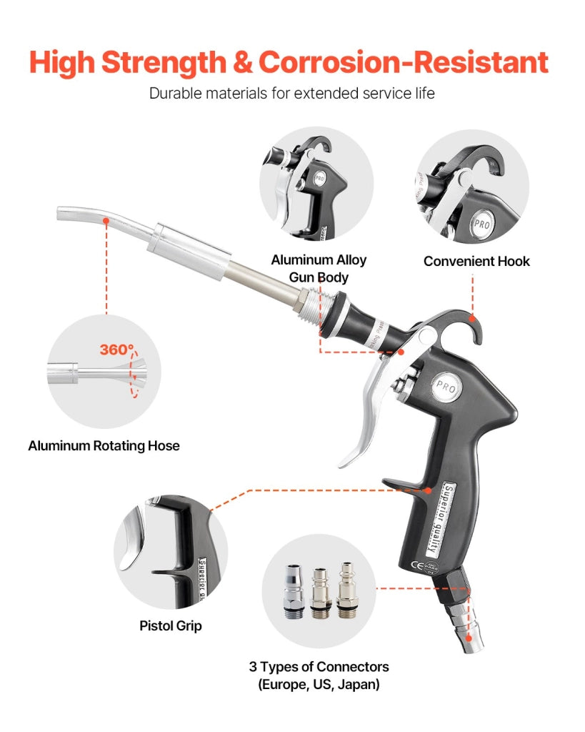 Pulitore ad Aria Compressa HCL-15A 6-9,2 bar con Tubo Rotante in Alluminio 2 Ugelli 1/4 NPT Ergonomico per Officina e Fai da Te