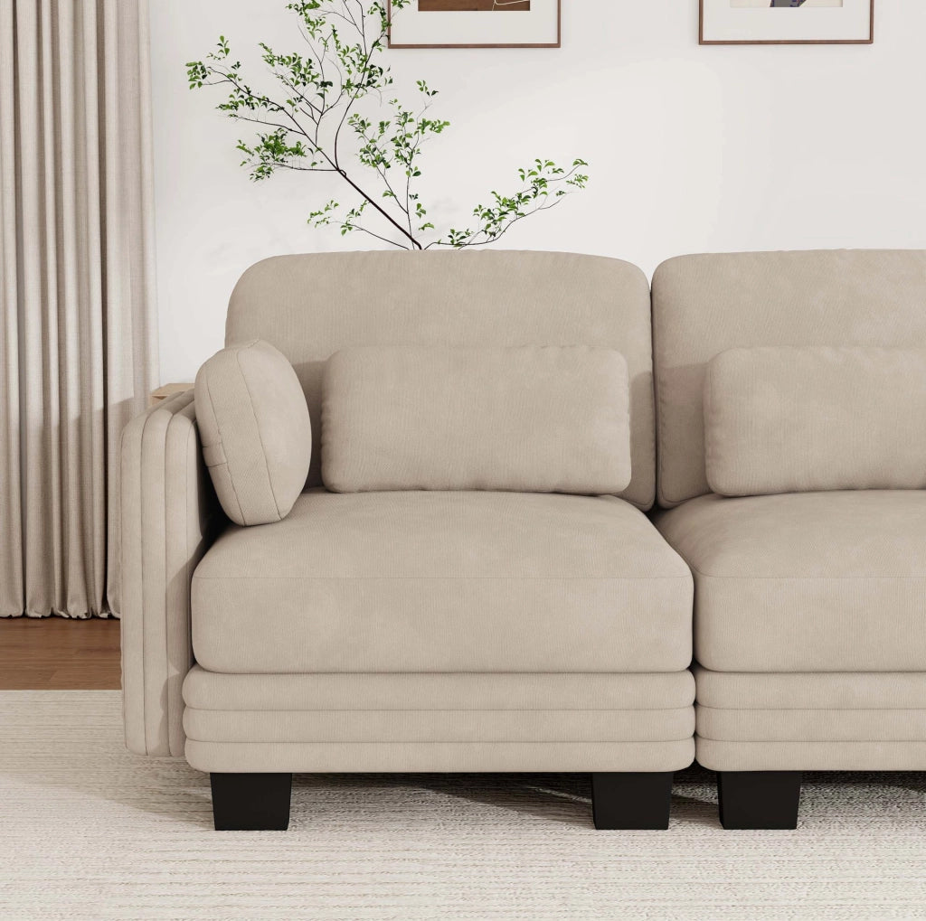 Divano modulare lineare 330x88x88 cm con cuscini in tessuto chenille marrone chiaro