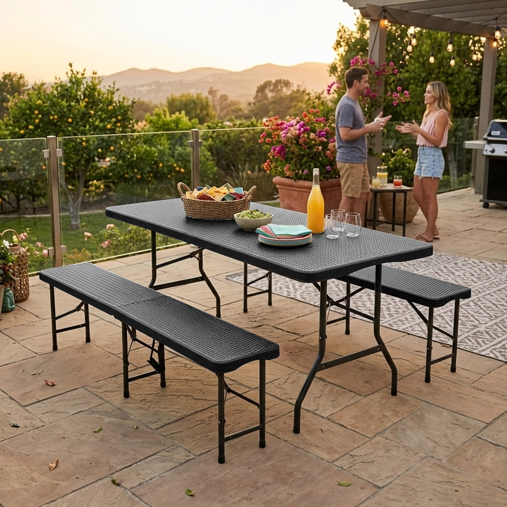 Set Tavolo Picnic Pieghevole con 2 Panche ¨C MINIMAL ¨C 3 Pezzi, HDPE, Nero, 182cm