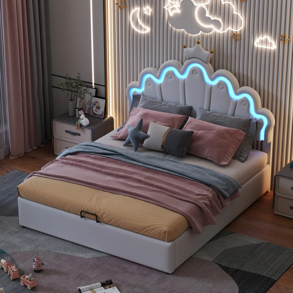 LETTO Contenitore 140x200 cm Bianco in PU con luci LED