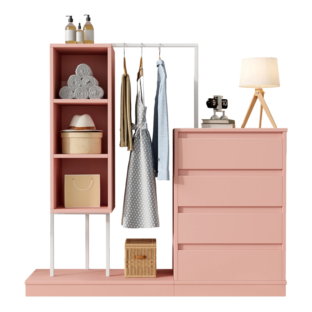 Mobile con 4 cassetti, scaffali aperti e barra appendiabiti, in rosa e bianco, 140x40x135 cm