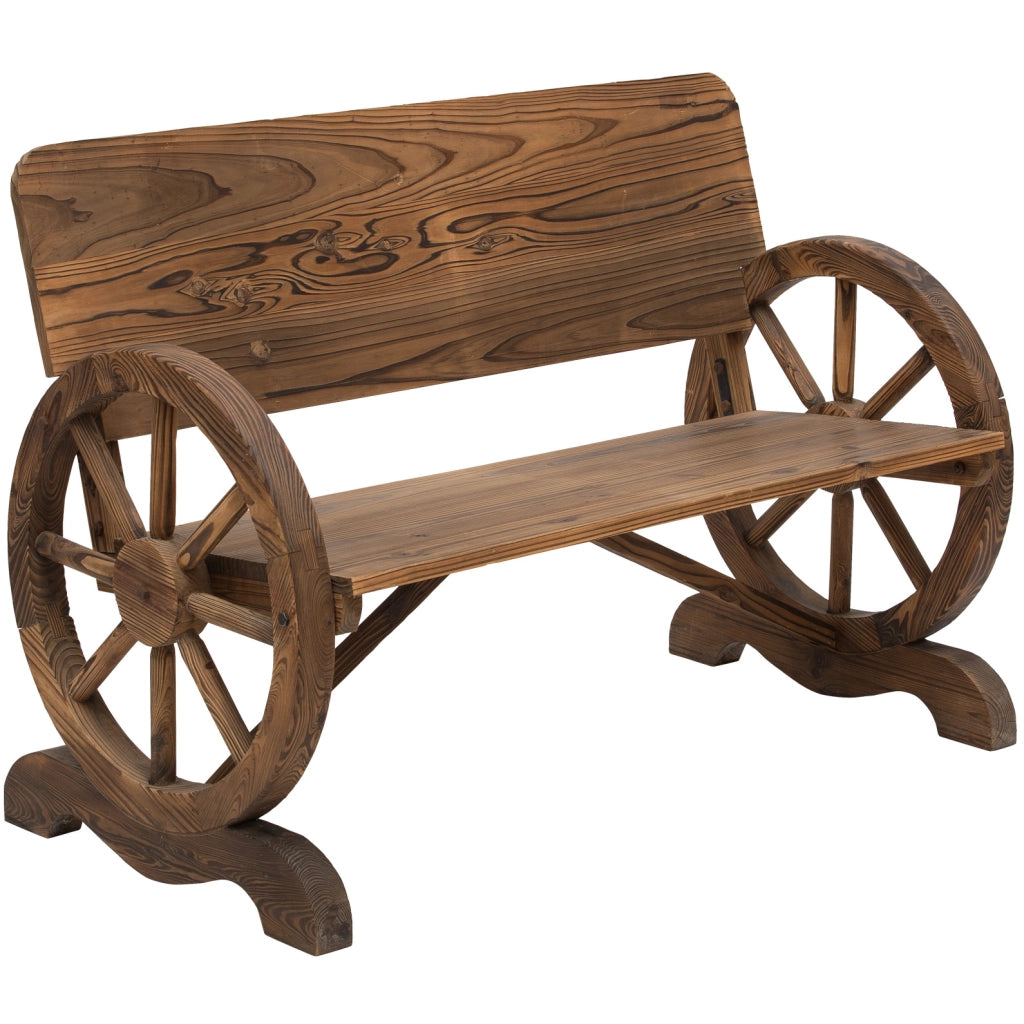 Panchina da giardino in legno massello; braccioli a ruota di carro; 114 x 58 x 80 cm; marrone scuro