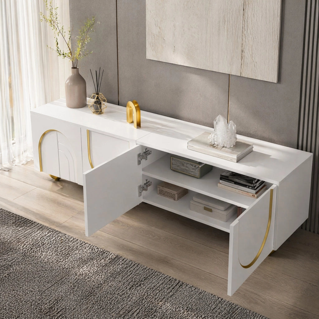 Mobile TV quattro ante con apertura push ripiani interni pannello truciolare bianco e oro 170 × 38 × 44 cm