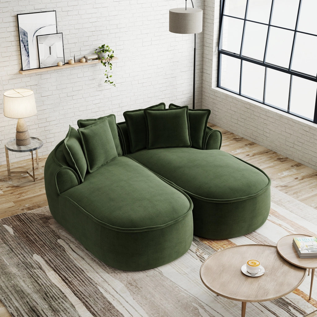 Divano modulare trasformabile con chaise longue profonda e cuscini, design senza struttura in ciniglia verde