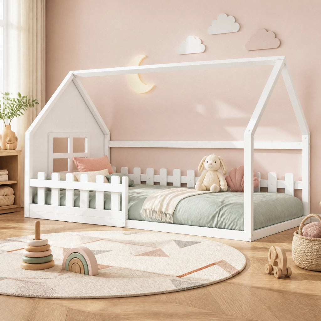 Letto per bambini a forma di casa 90 × 200 cm in pino e MDF bianco con rete a doghe da 7 elementi