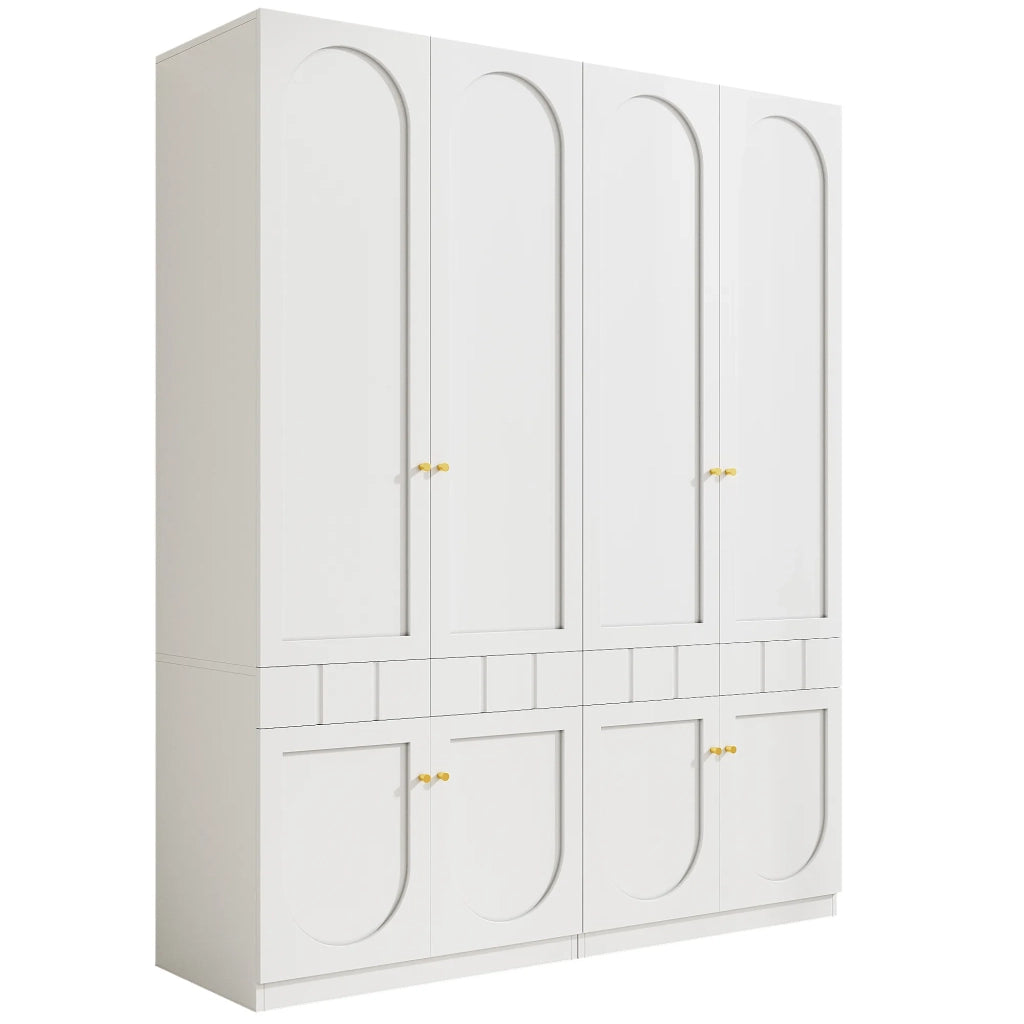 Set 2 Armadi Bianchi Laccati 160x50x200 cm, con Asta Appendiabiti, Cassetti e Maniglie in Metallo