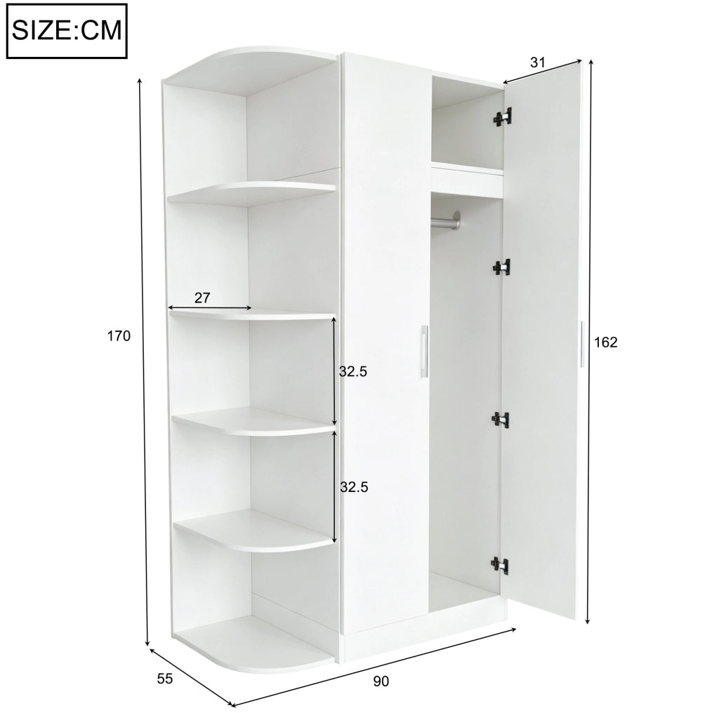 Armadio con doppia anta 90x55x170 cm, ripiani multi-livello, struttura in metallo e MDF, colore bianco