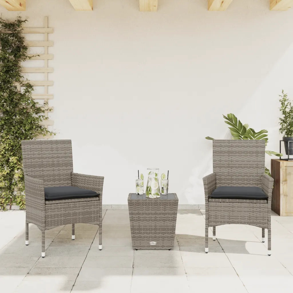 Set da Bistr¨° 3 pz | Set Salotto da Giardino con Cuscini Grigio Polyrattan e Vetro
