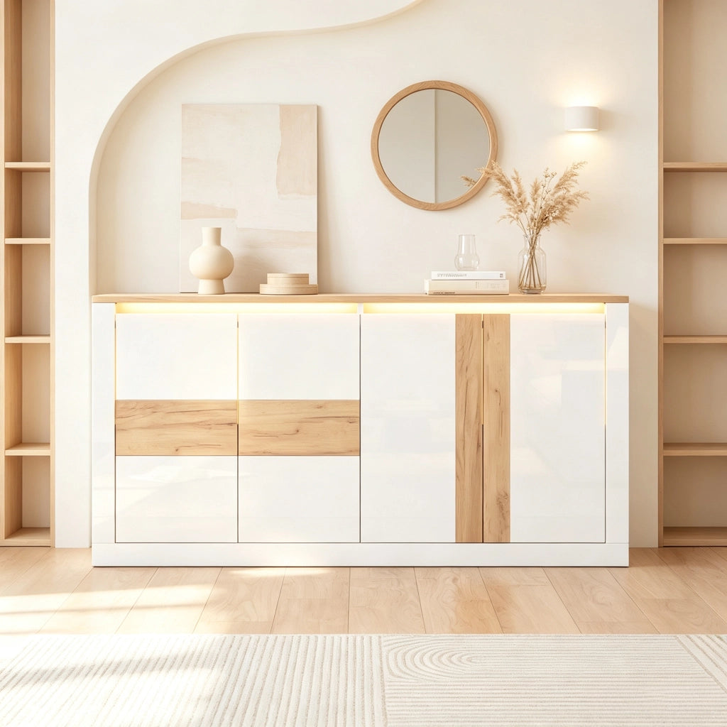 Credenza Bianca Lucida 140 cm con LED RGB; Mobile Soggiorno 4 Ante in MDF; Finitura Rovere