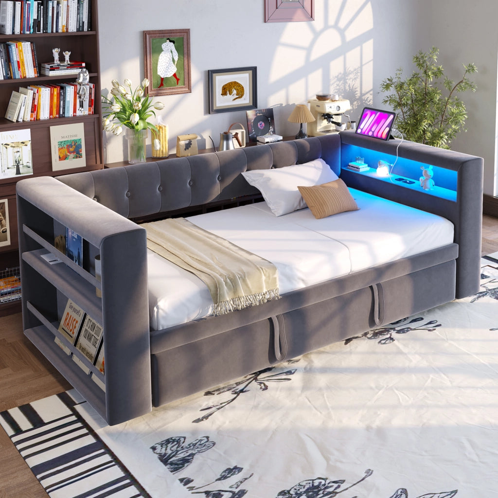 Divano letto 90x190 grigio scuro con LED; prese e contenitore