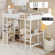 Letto a castello bianco con scrivania funzione presa usb scaffali in metallo 90x200 cm