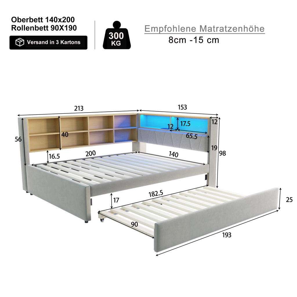 Letto con letto estraibile 140 × 200 cm con letto aggiuntivo 90 × 190 cm LED porte USB e vani grigio chiaro