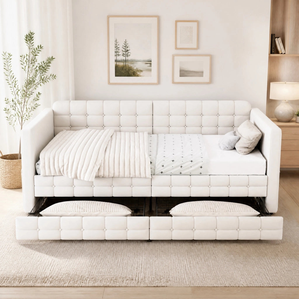 Letto imbottito 90x190 cm beige in velluto con cassetti e tasche laterali