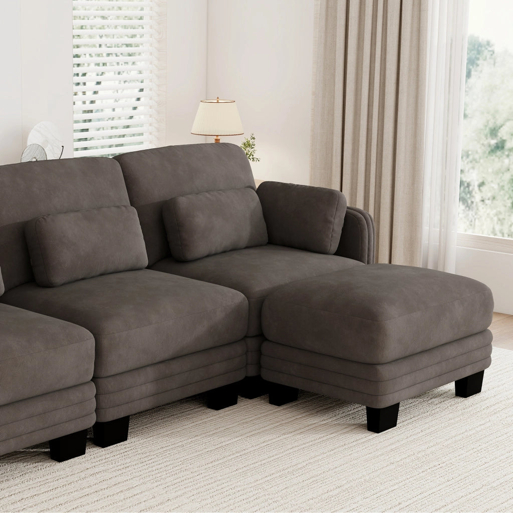 Divano modulare in ciniglia marrone 253x143x88 cm con pouf separato