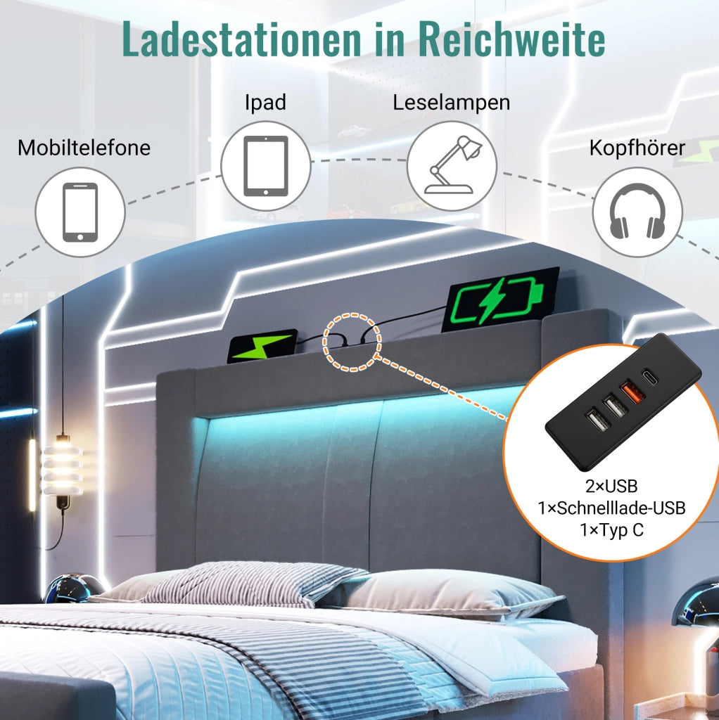 Letto singolo 90x200 cm in velluto grigio con contenitore, illuminazione LED smart e stazioni di ricarica USB e Type-C, senza materasso