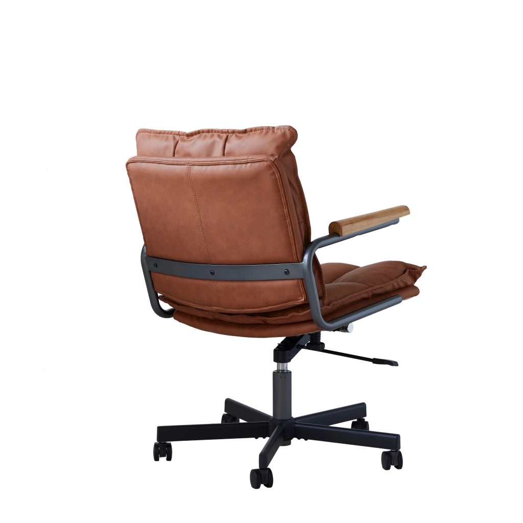Sedia da ufficio ergonomica girevole con altezza regolabile e braccioli in rovere, in similpelle e metallo marrone