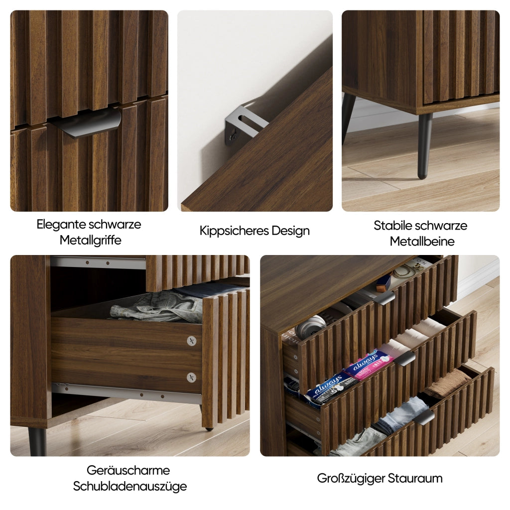 Cassettiera con 3 cassetti e guide metalliche, per camera da letto e soggiorno, in MDF noce, 80 × 39 × 78 cm