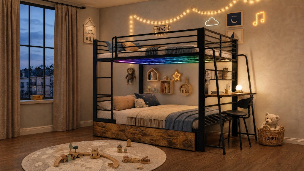 Letto a soppalco 140 × 200 cm con scrivania prese USB Type-C LED RGB e cassetti in metallo e MDF nero
