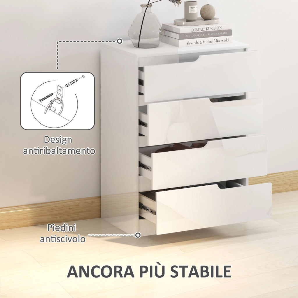Cassettiera 4 Cassetti Moderna in Legno, Mobiletto Salvaspazio per Camera da Letto e Casa, 60x40x85 cm, Bianco Lucido