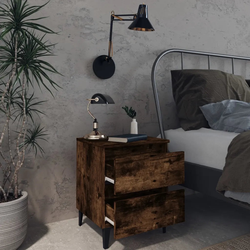 Comodini con Gambe in Legno Massello 2pz Rovere Fumo 40x30x50cm 813129