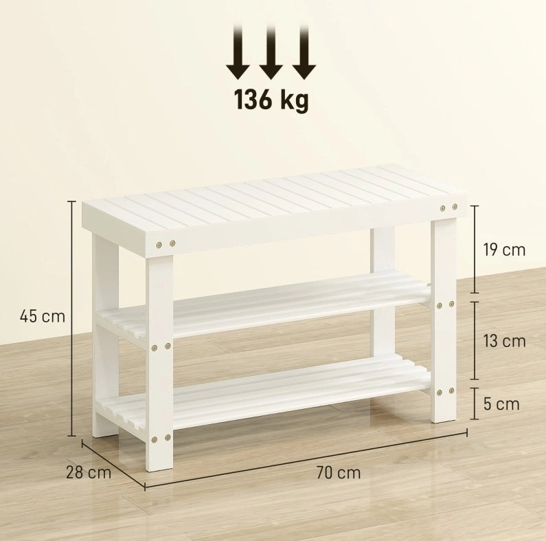 Panca Porta Scarpe in Bambù con 2 Ripiani, 70x28x45 cm, Bianco