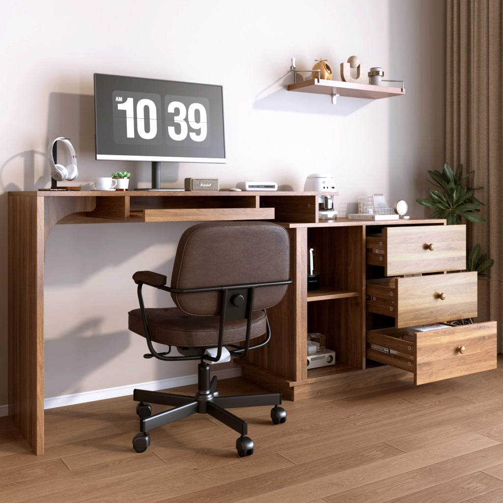Scrivania dritta con piano estraibile; ripiano per tastiera e 3 cassetti in MDF color noce 110 × 40 × 75.5 cm