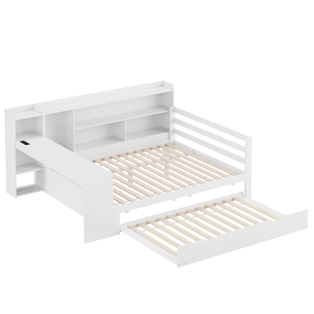 Letto con letto estraibile 140 × 200 cm con scrivania; ripiani; vani e prese USB in legno bianco