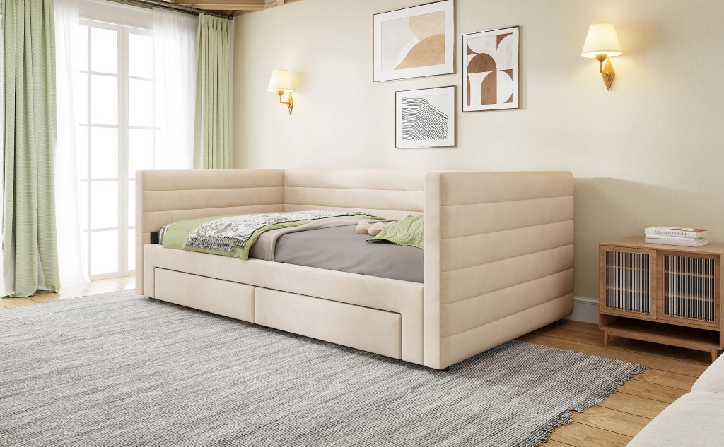 Letto estraibile 3 in 1 con due cassetti rivestito in cotone e lino beige con rete a doghe