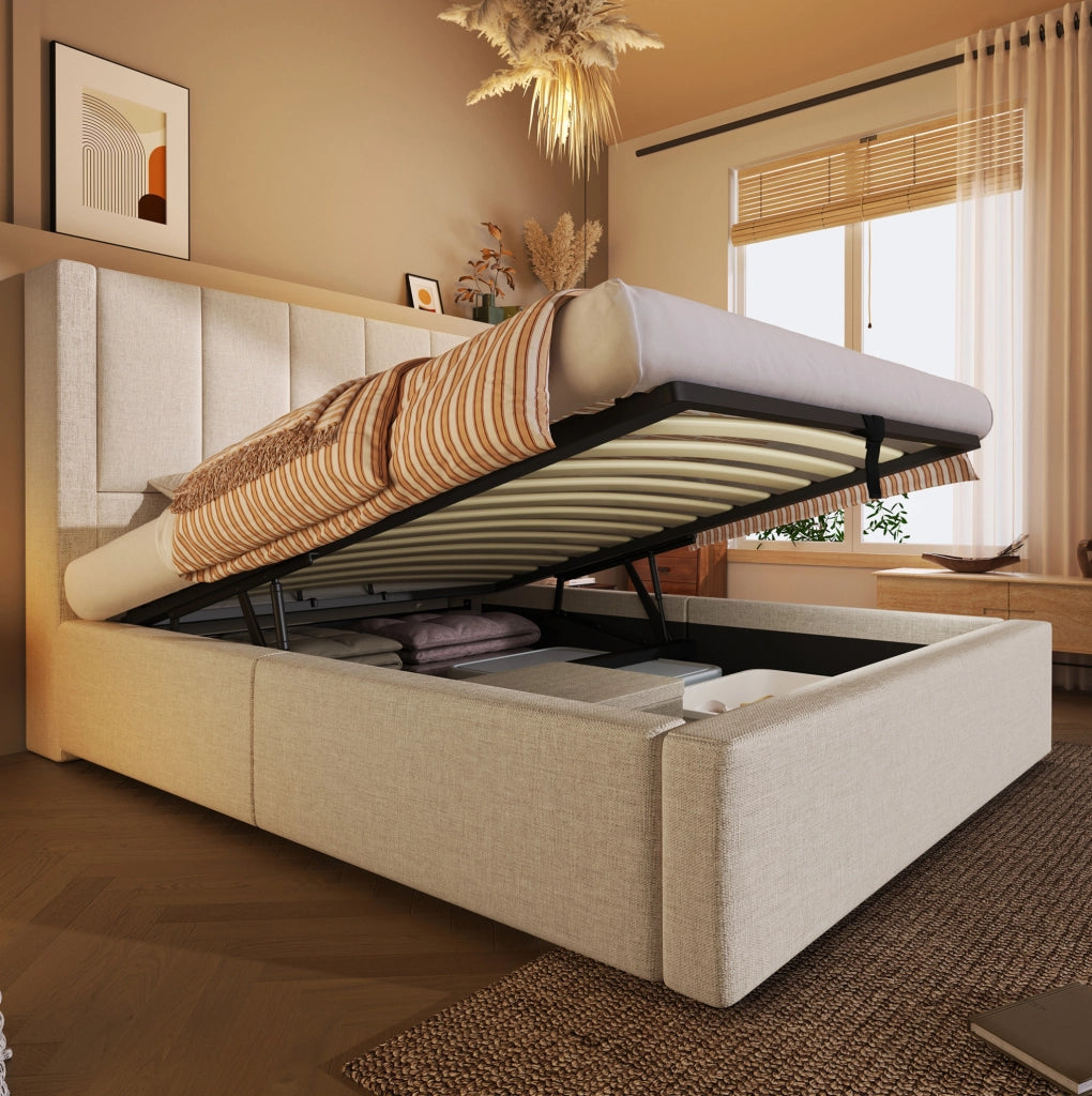 Letto imbottito singolo 90x200 cm beige con portabicchiere nascosto e stazione di ricarica, letto idraulico con contenitore sottostante, con rete a doghe, senza materasso
