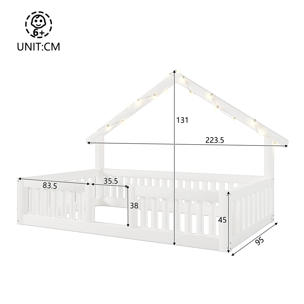 Letto Casetta per Bambini 90x200 cm con Sponde di Sicurezza; LED; Bianco