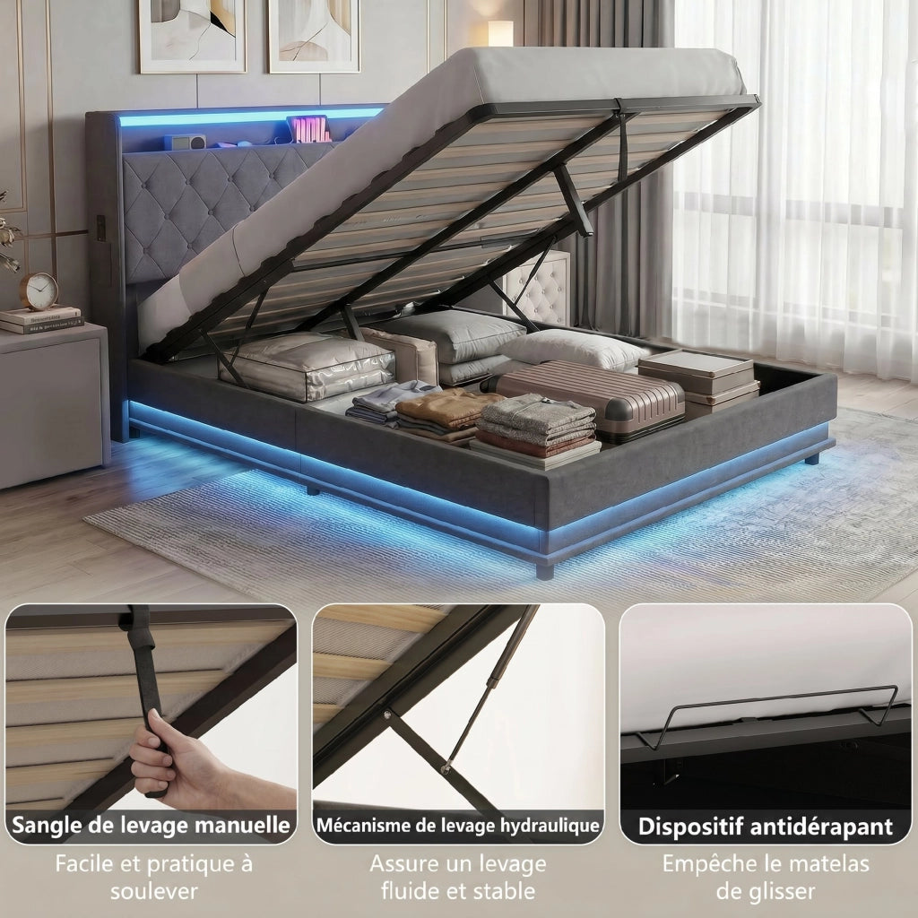 Letto contenitore matrimoniale imbottito 140x190 con LED e ricarica USB ¨C Xylo ¨C grigio tessuto