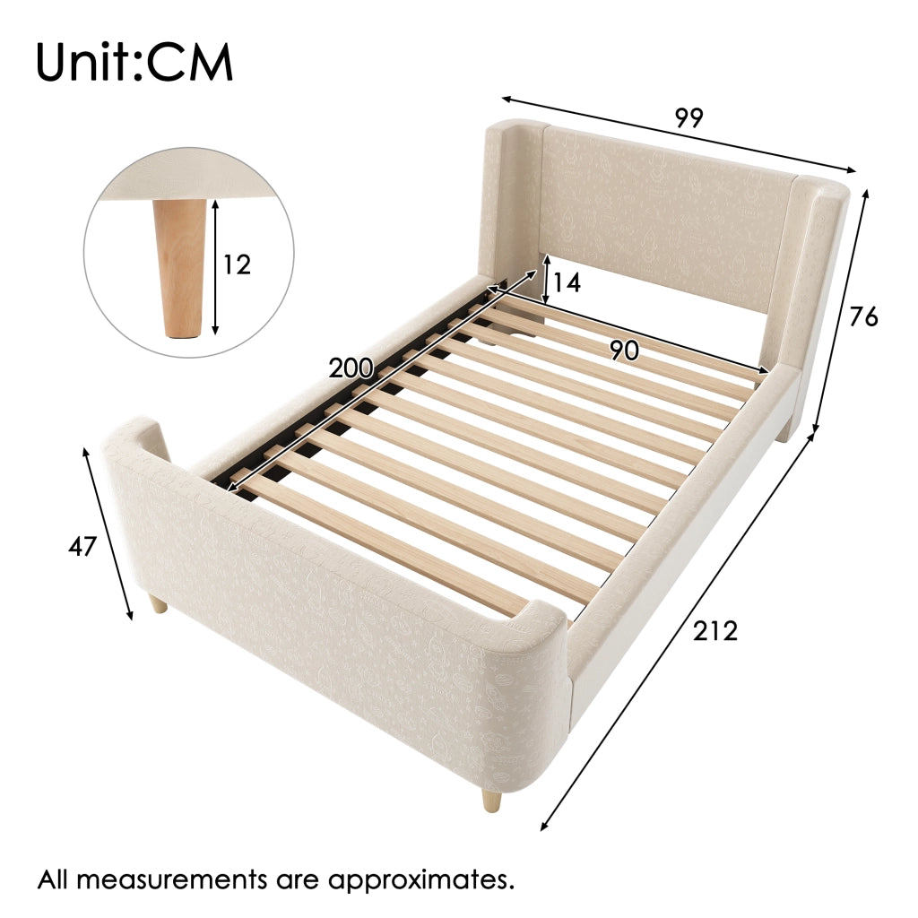 Letto imbottito in velluto beige 90x200 cm