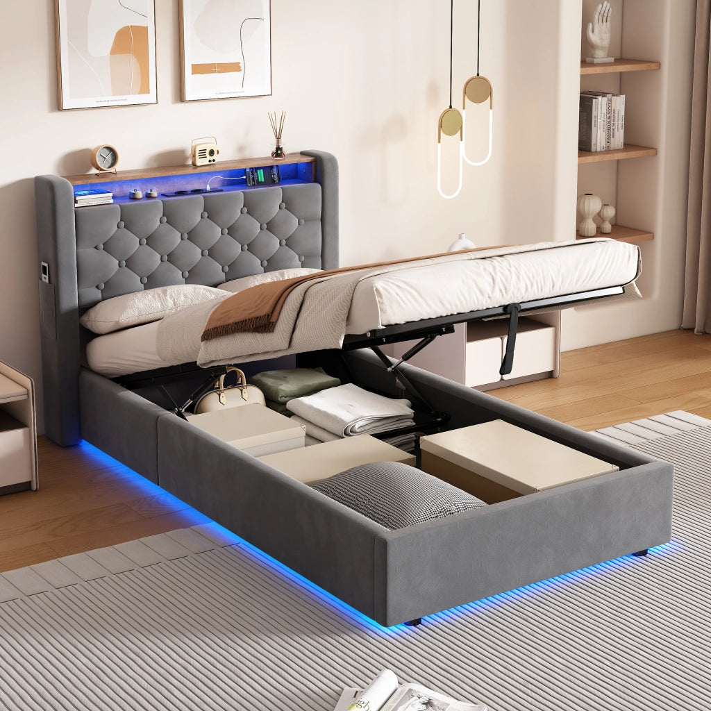 Letto imbottito grigio 90x200 cm con contenitore idraulico, LED e porte USB-A e USB-C