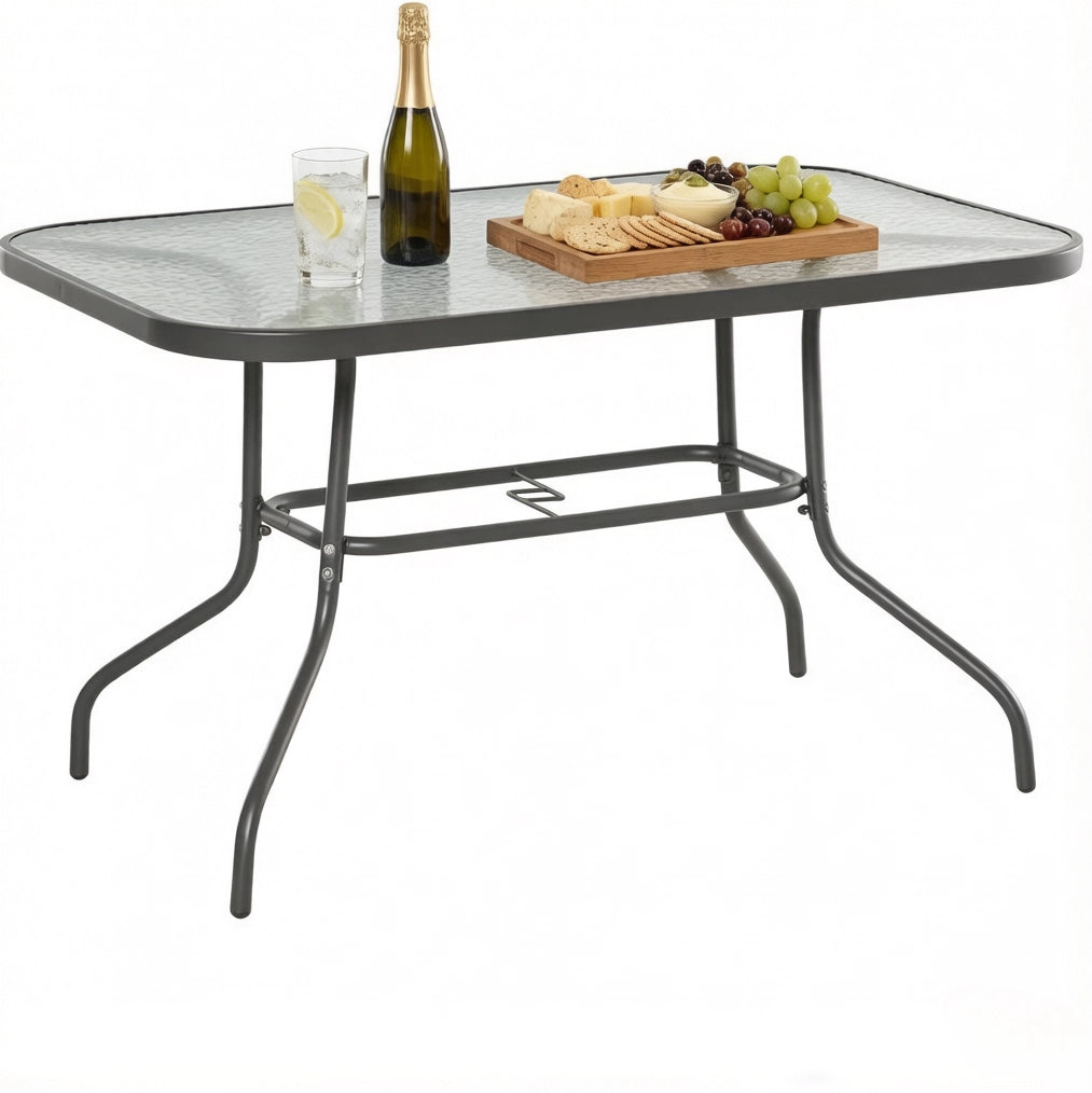 Tavolo da Giardino Rettangolare con Foro per Ombrellone, 120x80x70 cm, Metallo e Vetro Temperato, Nero