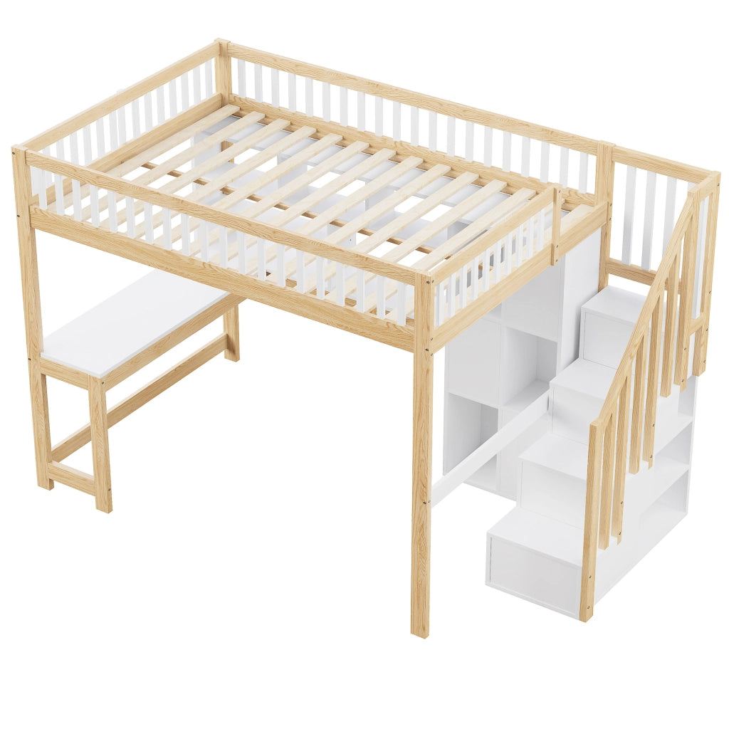 Letto a soppalco 140 × 200 cm 1 posto con LED; scala contenitore; mensole e scrivania; senza materasso