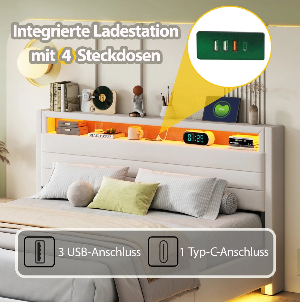 Letto imbottito 160 x 200 cm beige con contenitore idraulico, USB e LED