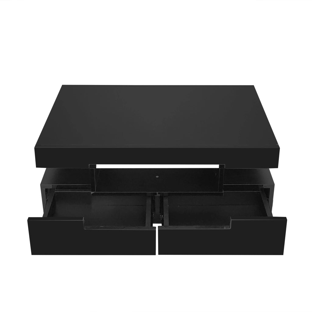 Tavolino basso fisso con LED regolabile 3 vani aperti e 4 cassetti nero lucido 80 × 50 × 36 cm