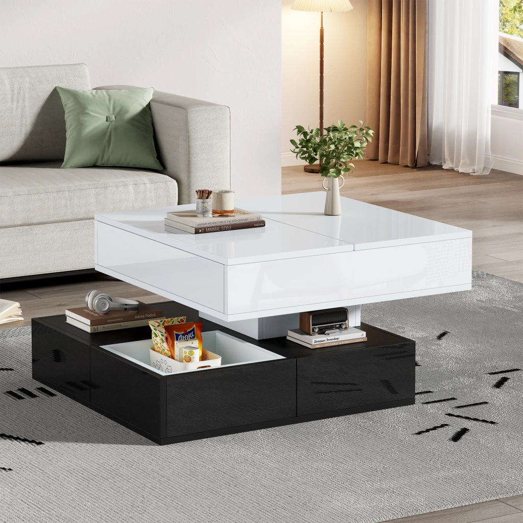 Tavolino da salotto quadrato con piano elevabile girevole, 3 cassetti e vani, bianco e nero, 70 × 70 × 40 cm