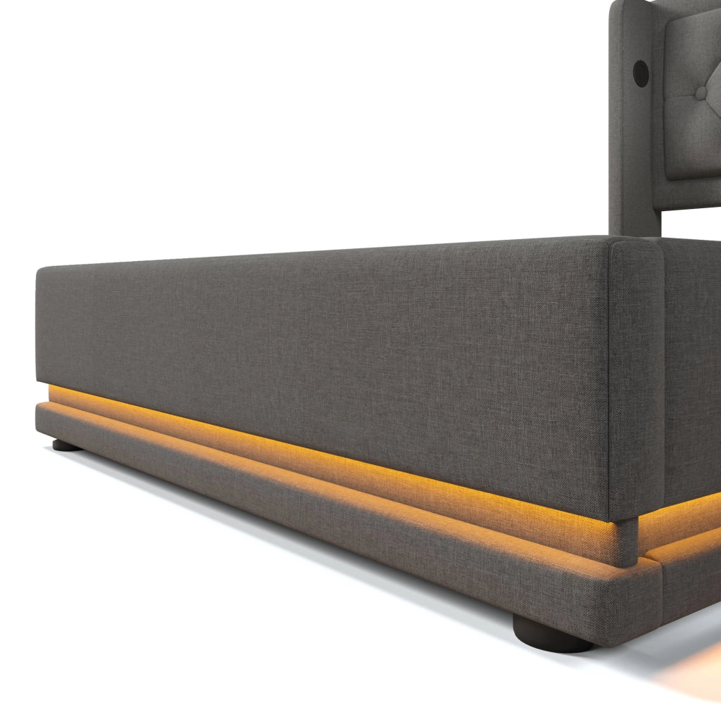 Letto singolo imbottito con contenitore 90x200 cm; cotone grigio; LED e USB Type-C