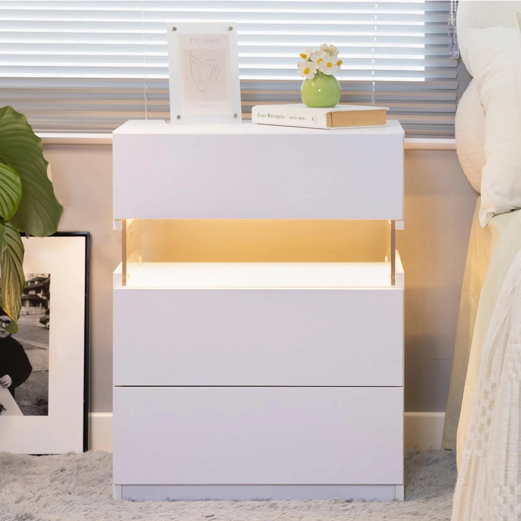 Comodino 3 cassetti con LED e pannello in acrilico per camera da letto bianco