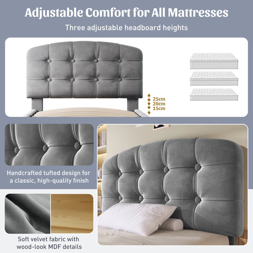 Letto con cassetti 90 × 200 cm con rete a doghe testiera regolabile rivestito in velluto grigio con vani aperti