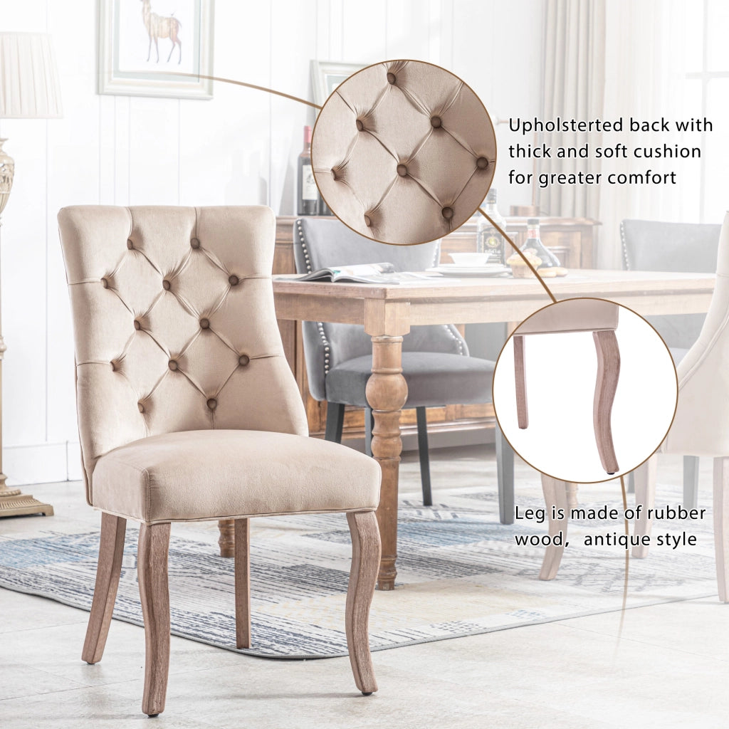 Sedie da pranzo set di 6 in velluto beige con schienale alto capitonné e gambe in legno 97 × 51 × 47 cm